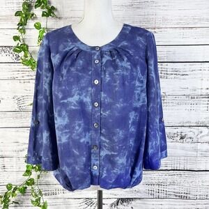 LOGO Lori Goldstein Blouse Top size Small Blue Peasant Boho Modest Casual Slim